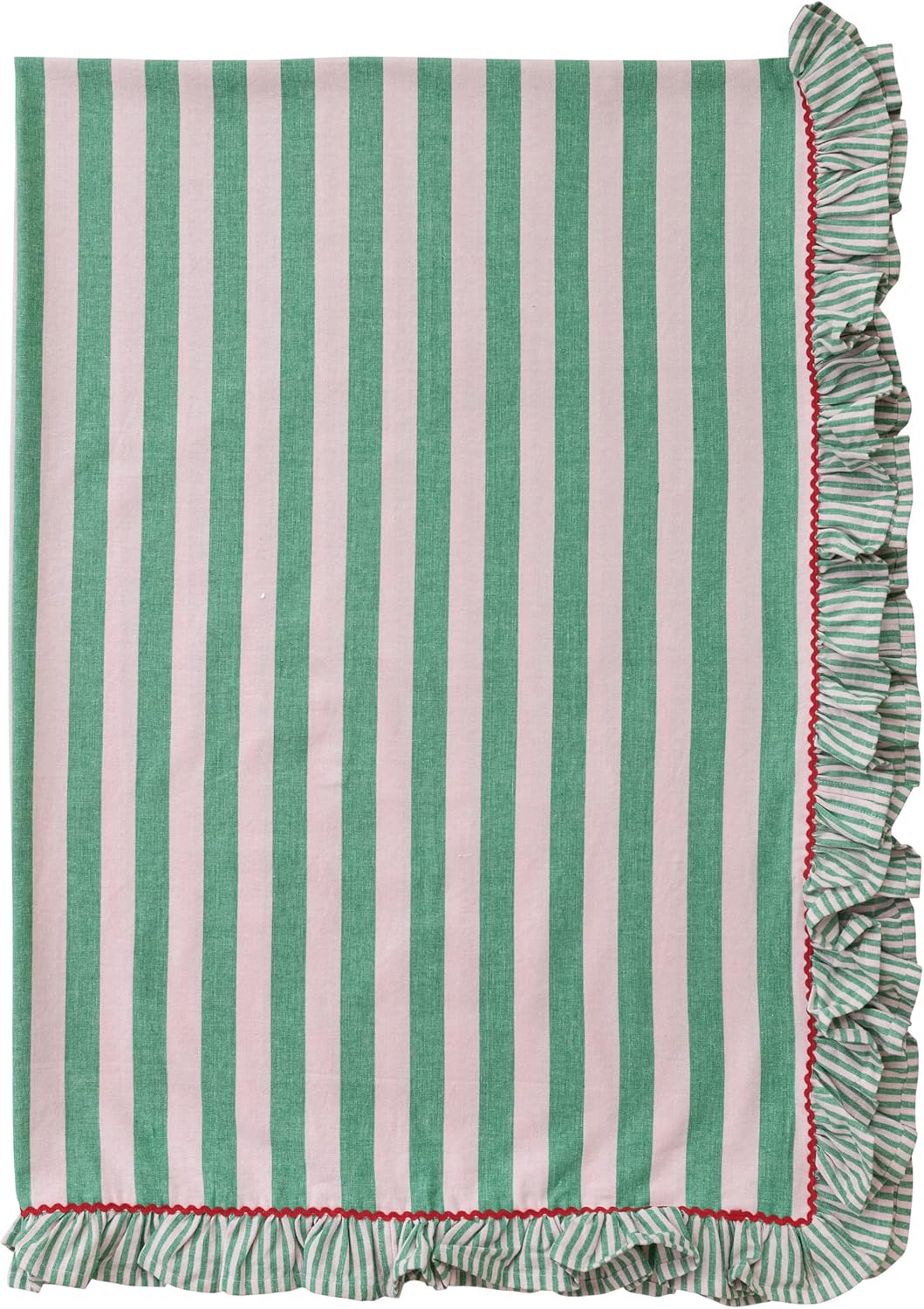 Woven Cotton Striped Tablecloth with Ruffle & RIC Rac Trim, Green & Pink