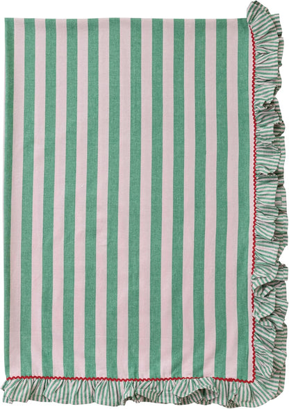 Woven Cotton Striped Tablecloth with Ruffle & RIC Rac Trim, Green & Pink