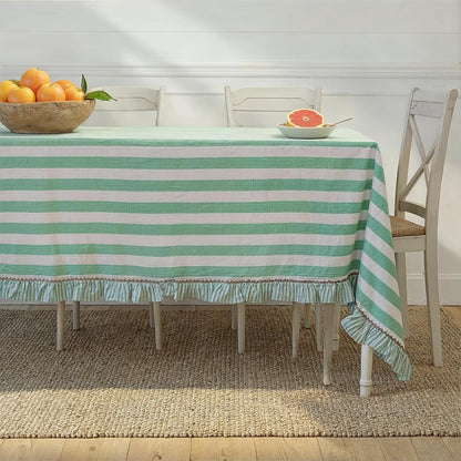 Woven Cotton Striped Tablecloth with Ruffle & RIC Rac Trim, Green & Pink