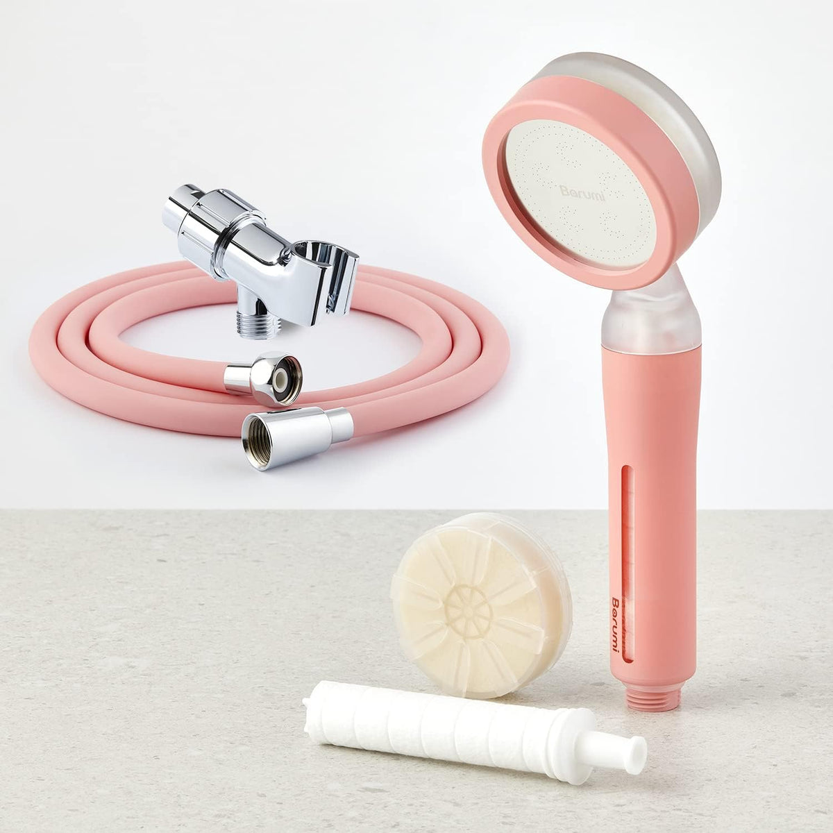 Pluo Handheld Filtered Showerhead Set (1 Vitamin C & Sediment Filter Included) with PVC Hose, Shower Head Holder - Pink