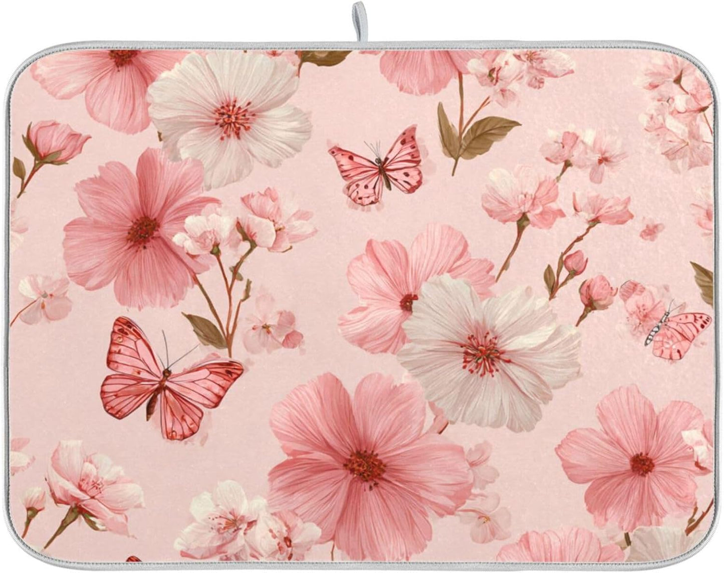 Pastel Pink Butterflies and Flowers Dish Drying Mat for Kitchen Counter Microfiber Absorbent Drainer Draining Rack Mats Small Cloth Kitchen Drying Pad Heat Resistant for Countertop 18x24