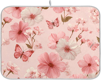 Pastel Pink Butterflies and Flowers Dish Drying Mat for Kitchen Counter Microfiber Absorbent Drainer Draining Rack Mats Small Cloth Kitchen Drying Pad Heat Resistant for Countertop 18x24