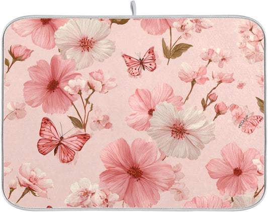 Pastel Pink Butterflies and Flowers Dish Drying Mat for Kitchen Counter Microfiber Absorbent Drainer Draining Rack Mats Small Cloth Kitchen Drying Pad Heat Resistant for Countertop 18x24