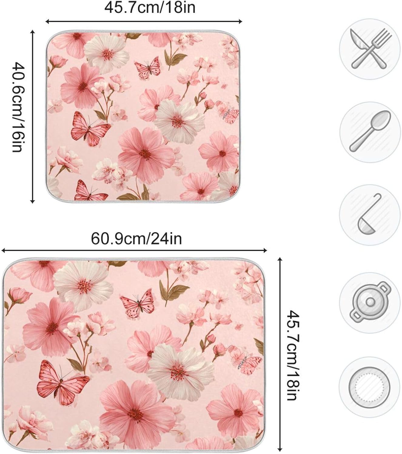 Pastel Pink Butterflies and Flowers Dish Drying Mat for Kitchen Counter Microfiber Absorbent Drainer Draining Rack Mats Small Cloth Kitchen Drying Pad Heat Resistant for Countertop 18x24