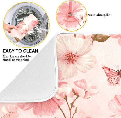 Pastel Pink Butterflies and Flowers Dish Drying Mat for Kitchen Counter Microfiber Absorbent Drainer Draining Rack Mats Small Cloth Kitchen Drying Pad Heat Resistant for Countertop 18x24