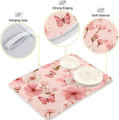 Pastel Pink Butterflies and Flowers Dish Drying Mat for Kitchen Counter Microfiber Absorbent Drainer Draining Rack Mats Small Cloth Kitchen Drying Pad Heat Resistant for Countertop 18x24