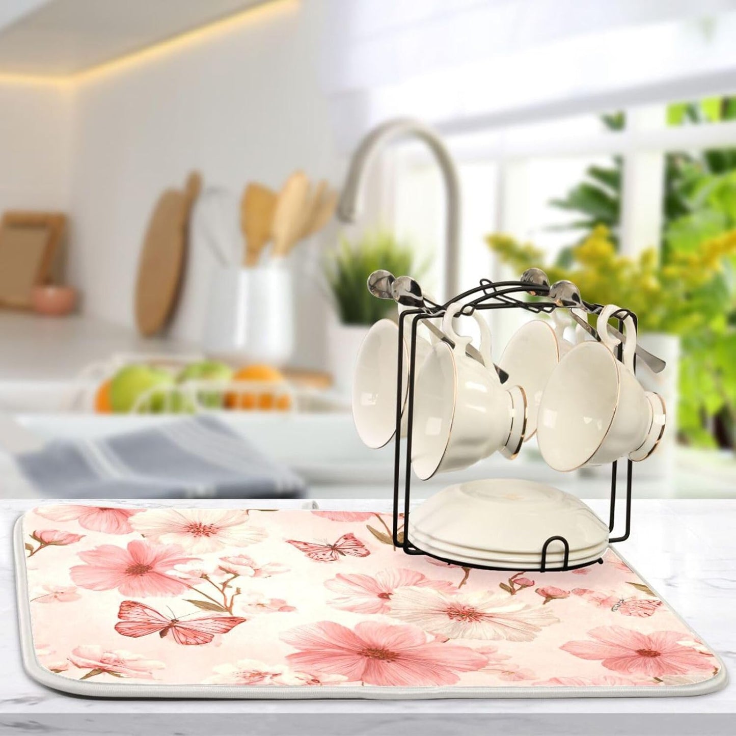 Pastel Pink Butterflies and Flowers Dish Drying Mat for Kitchen Counter Microfiber Absorbent Drainer Draining Rack Mats Small Cloth Kitchen Drying Pad Heat Resistant for Countertop 18x24