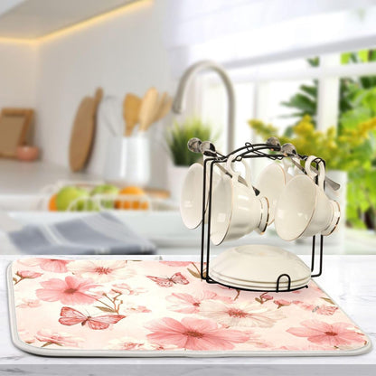 Pastel Pink Butterflies and Flowers Dish Drying Mat for Kitchen Counter Microfiber Absorbent Drainer Draining Rack Mats Small Cloth Kitchen Drying Pad Heat Resistant for Countertop 18x24
