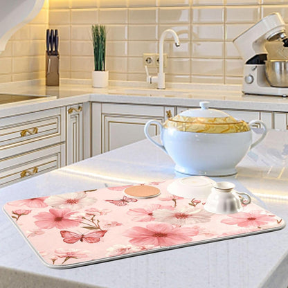 Pastel Pink Butterflies and Flowers Dish Drying Mat for Kitchen Counter Microfiber Absorbent Drainer Draining Rack Mats Small Cloth Kitchen Drying Pad Heat Resistant for Countertop 18x24