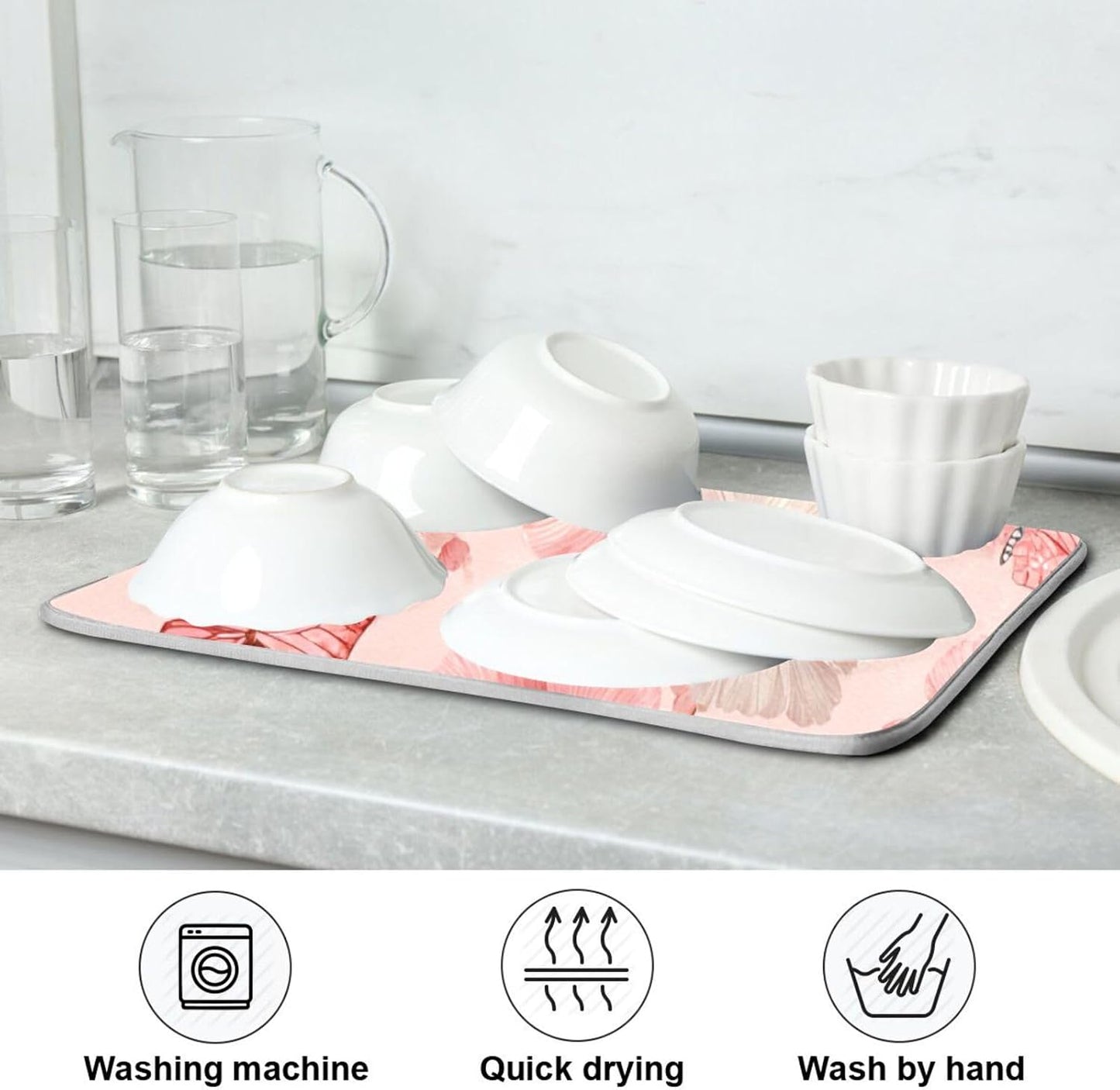 Pastel Pink Butterflies and Flowers Dish Drying Mat for Kitchen Counter Microfiber Absorbent Drainer Draining Rack Mats Small Cloth Kitchen Drying Pad Heat Resistant for Countertop 18x24