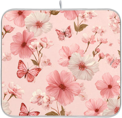 Pastel Pink Butterflies and Flowers Dish Drying Mat for Kitchen Counter Microfiber Absorbent Drainer Draining Rack Mats Small Cloth Kitchen Drying Pad Heat Resistant for Countertop 18x24