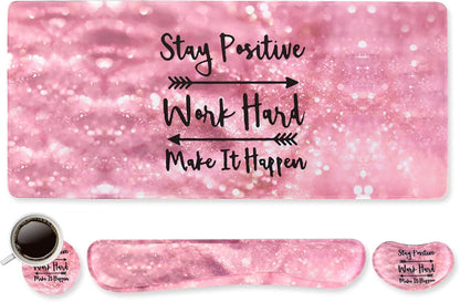 Keyboard Mouse Pad Set, Large Gaming Mousepad + Memory Foam Ergonomic Keyboard Wrist Rest Support, Easy Typing Pain Relief, 4Pcs (35.4" x 15.7") Extended Desk Mat -Pink Glitter Letters