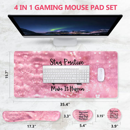 Keyboard Mouse Pad Set, Large Gaming Mousepad + Memory Foam Ergonomic Keyboard Wrist Rest Support, Easy Typing Pain Relief, 4Pcs (35.4" x 15.7") Extended Desk Mat -Pink Glitter Letters