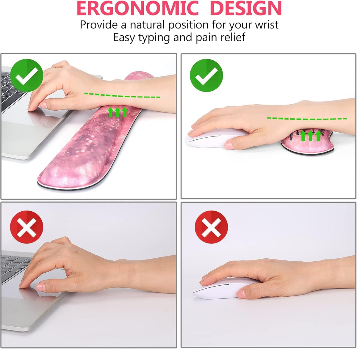 Keyboard Mouse Pad Set, Large Gaming Mousepad + Memory Foam Ergonomic Keyboard Wrist Rest Support, Easy Typing Pain Relief, 4Pcs (35.4" x 15.7") Extended Desk Mat -Pink Glitter Letters