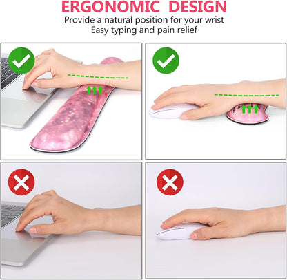 Keyboard Mouse Pad Set, Large Gaming Mousepad + Memory Foam Ergonomic Keyboard Wrist Rest Support, Easy Typing Pain Relief, 4Pcs (35.4" x 15.7") Extended Desk Mat -Pink Glitter Letters