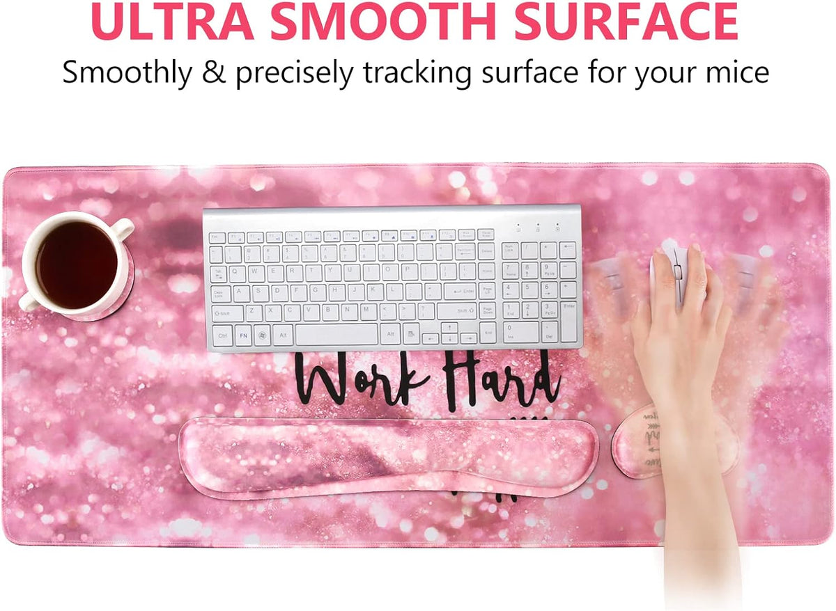 Keyboard Mouse Pad Set, Large Gaming Mousepad + Memory Foam Ergonomic Keyboard Wrist Rest Support, Easy Typing Pain Relief, 4Pcs (35.4" x 15.7") Extended Desk Mat -Pink Glitter Letters