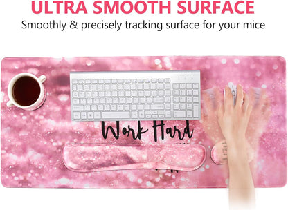 Keyboard Mouse Pad Set, Large Gaming Mousepad + Memory Foam Ergonomic Keyboard Wrist Rest Support, Easy Typing Pain Relief, 4Pcs (35.4" x 15.7") Extended Desk Mat -Pink Glitter Letters