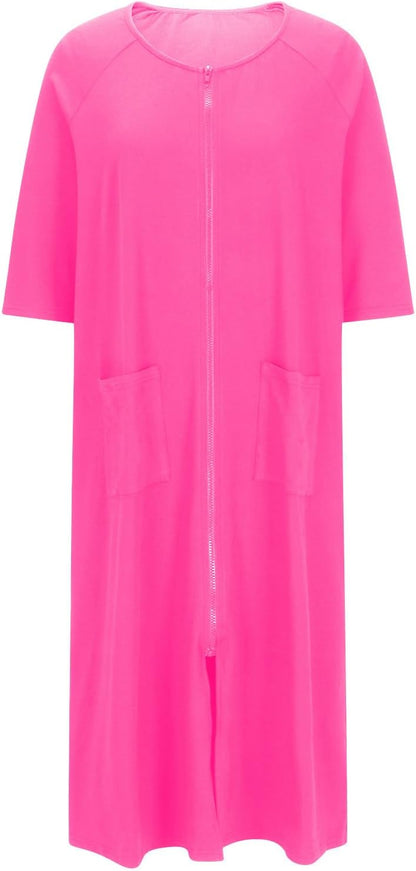 Lightweight Long Housecoats for Women 3/4 Sleeve Front Zipper Bathrobes Loose Lounge Loungewear Nightgown with Pocket