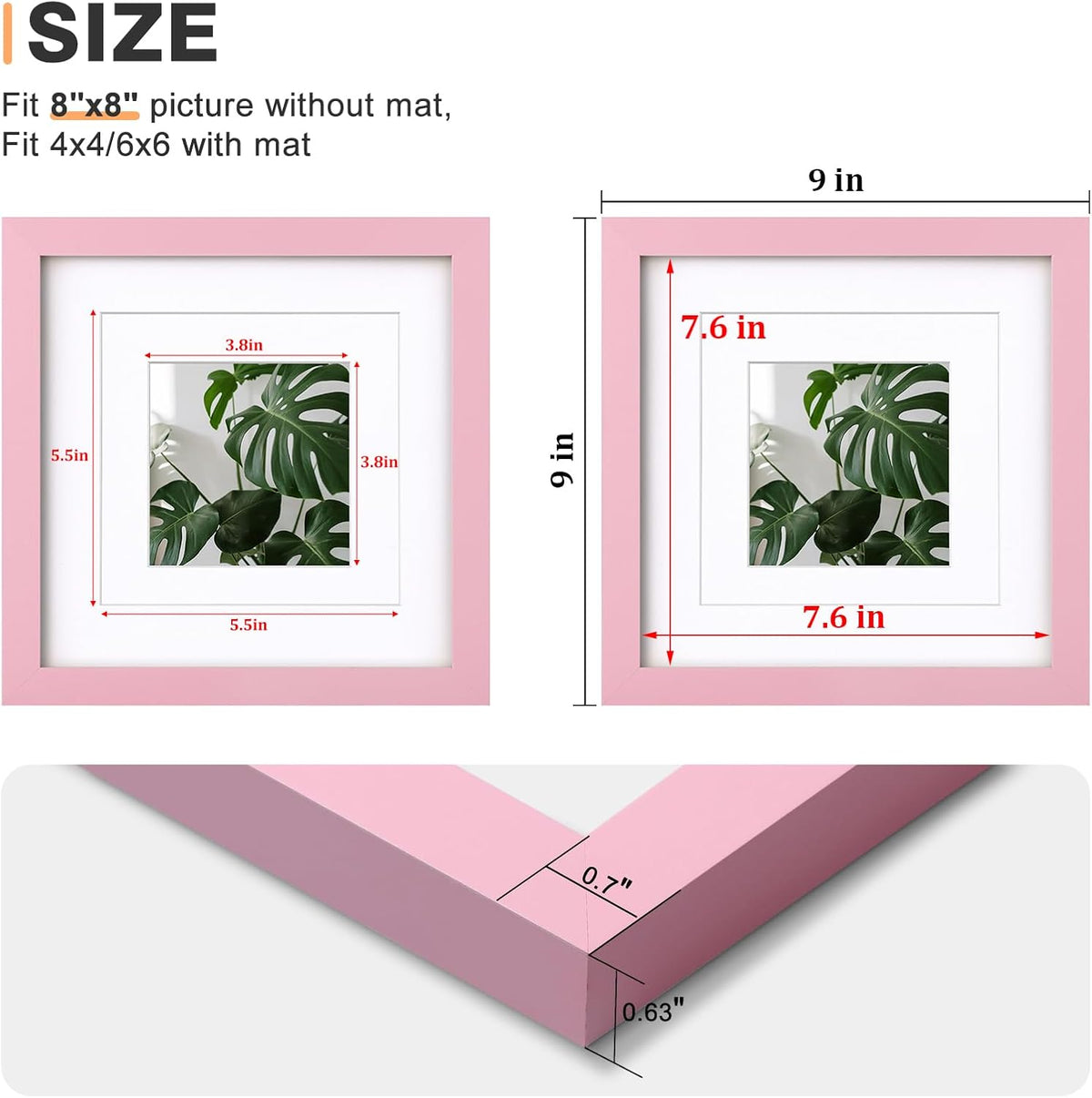 8x8 Picture Frame Made of Solid with Plexiglass, Display Pictures 4x4/6x6 with Mat or 8x8 Without Mat for Tabletop and Wall Mounting, Pink