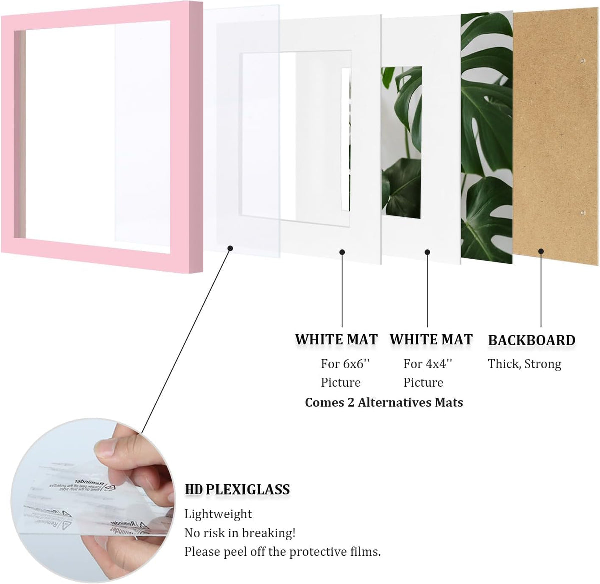 8x8 Picture Frame Made of Solid with Plexiglass, Display Pictures 4x4/6x6 with Mat or 8x8 Without Mat for Tabletop and Wall Mounting, Pink