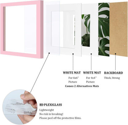 8x8 Picture Frame Made of Solid with Plexiglass, Display Pictures 4x4/6x6 with Mat or 8x8 Without Mat for Tabletop and Wall Mounting, Pink