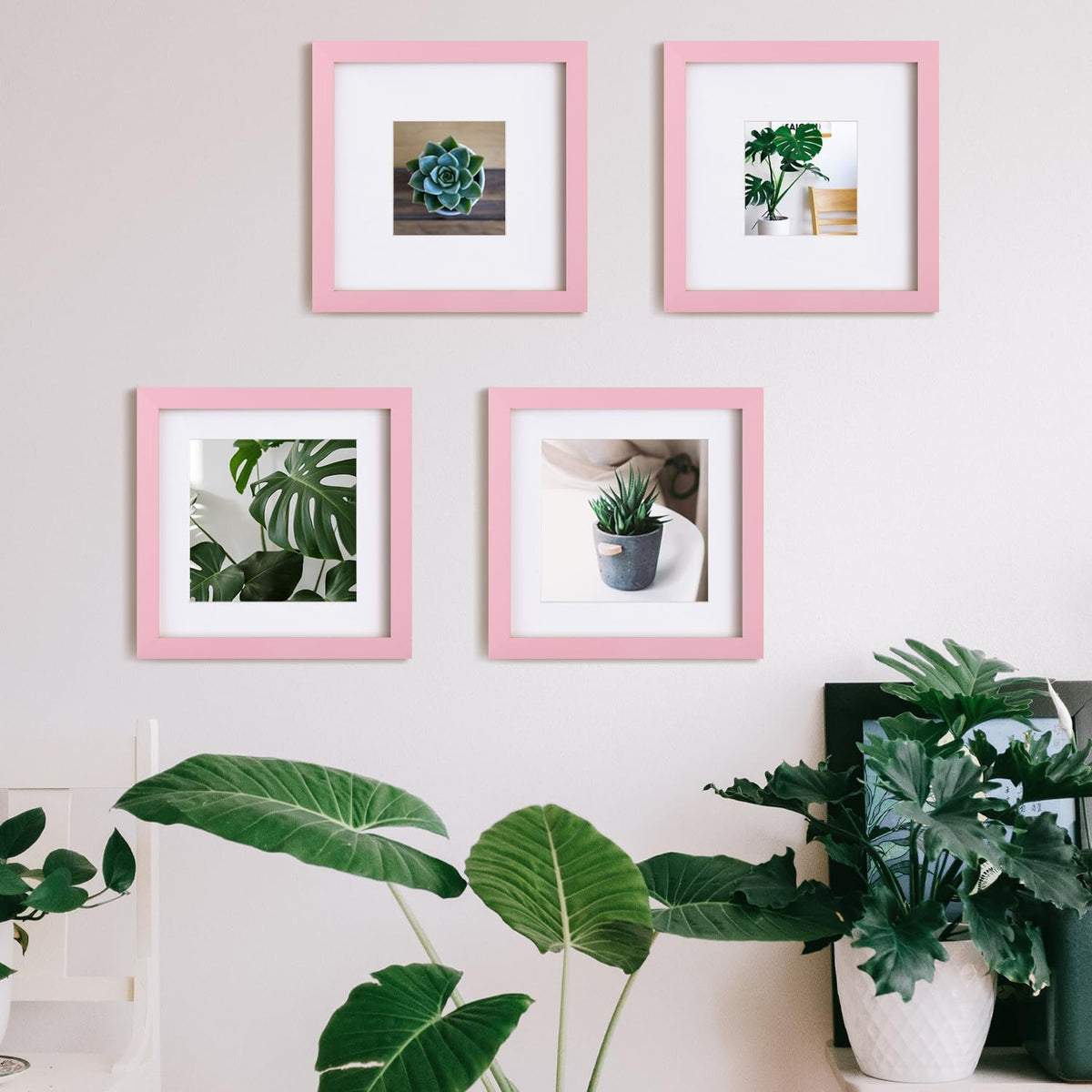 8x8 Picture Frame Made of Solid with Plexiglass, Display Pictures 4x4/6x6 with Mat or 8x8 Without Mat for Tabletop and Wall Mounting, Pink