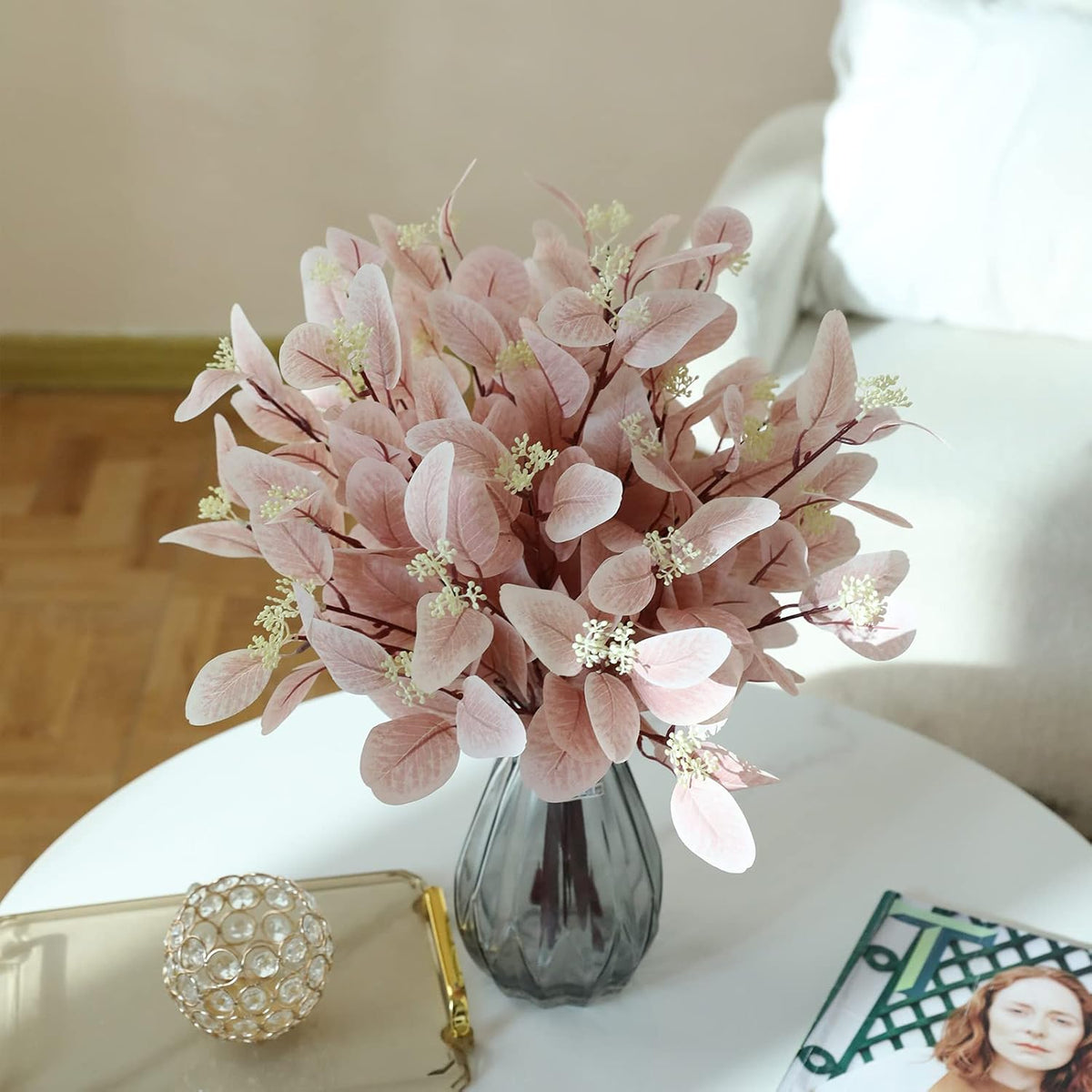 Blush Artificial Eucalyptus Stems, 12Pcs 20" Branches with Beige Berries