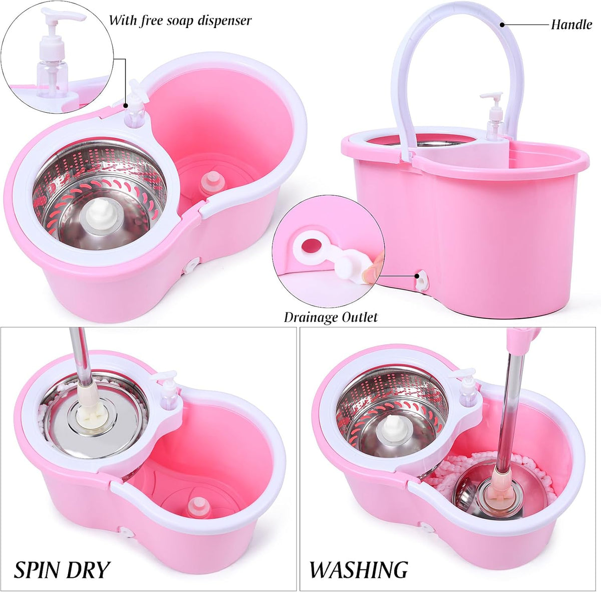 Cute Pink Mop and Bucket Set with 3 Extra Refills (Pink)