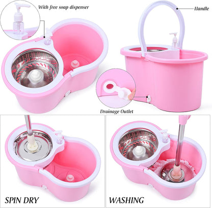 Cute Pink Mop and Bucket Set with 3 Extra Refills (Pink)