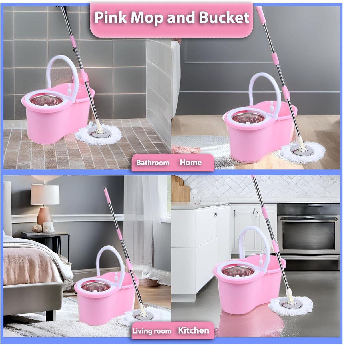 Cute Pink Mop and Bucket Set with 3 Extra Refills (Pink)
