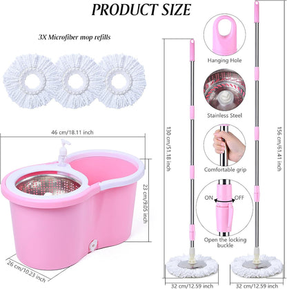 Cute Pink Mop and Bucket Set with 3 Extra Refills (Pink)