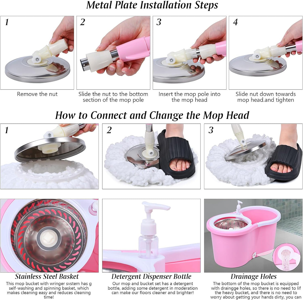 Cute Pink Mop and Bucket Set with 3 Extra Refills (Pink)