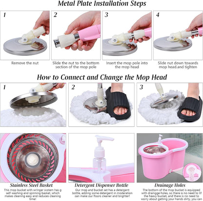 Cute Pink Mop and Bucket Set with 3 Extra Refills (Pink)
