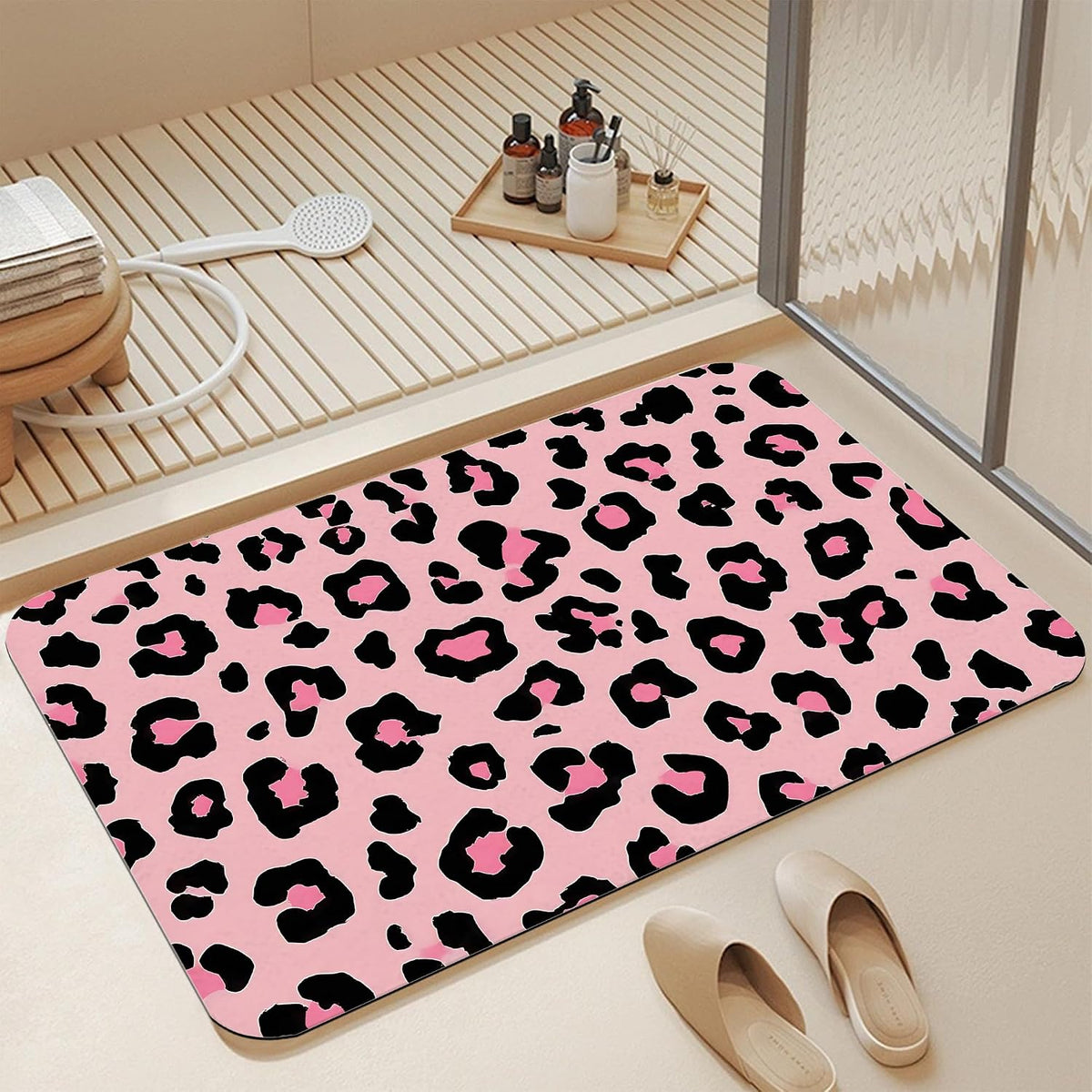 Bath Mats for Bathroom,Pink Leopard Print Bathroom Rugs,Modern Stylish Diatomaceous Bath Rug Quick Dry, Non Slip Super Absorbent Low Profile Doormat for Home Kitchen Patio 17 X 29.5 Inch