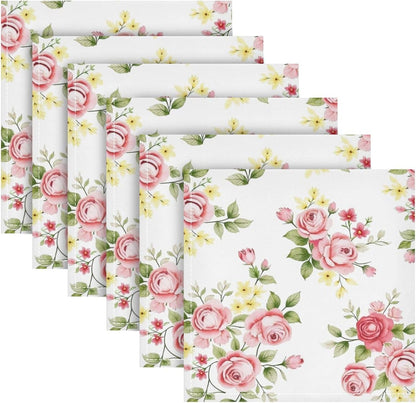 Cloth Napkin Pink Rose Flower Floral Cloth Napkin Set of 6 Washable Reusable Polyester Table Napkins for Family Dinner Party Holiday