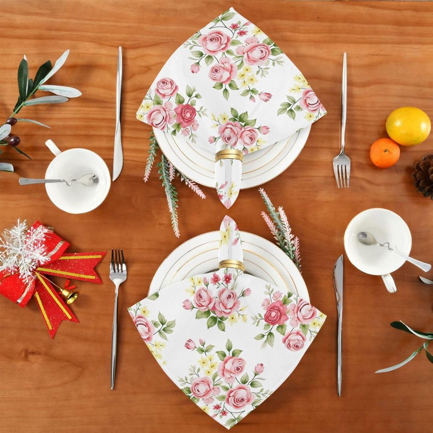 Cloth Napkin Pink Rose Flower Floral Cloth Napkin Set of 6 Washable Reusable Polyester Table Napkins for Family Dinner Party Holiday