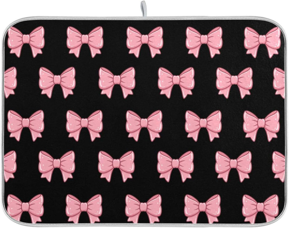 Pink Black Bows Dish Drying Mat for Kitchen Counter, Ultra Absorbent Dishes Drying Pad Heat-resistant Dish Mats 16x18in