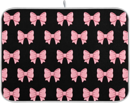 Pink Black Bows Dish Drying Mat for Kitchen Counter, Ultra Absorbent Dishes Drying Pad Heat-resistant Dish Mats 16x18in