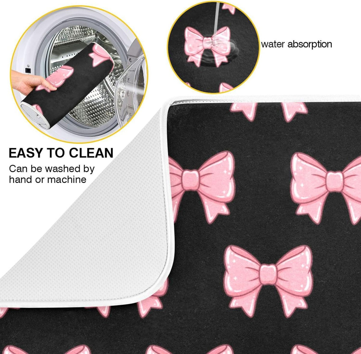 Pink Black Bows Dish Drying Mat for Kitchen Counter, Ultra Absorbent Dishes Drying Pad Heat-resistant Dish Mats 16x18in