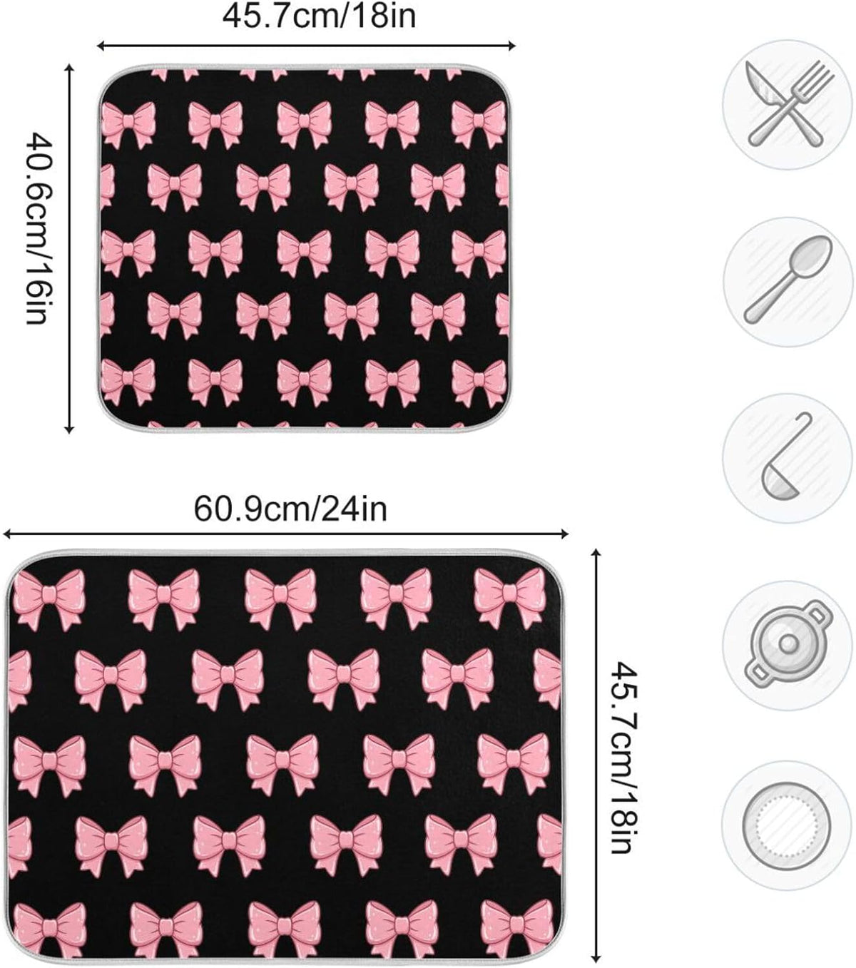 Pink Black Bows Dish Drying Mat for Kitchen Counter, Ultra Absorbent Dishes Drying Pad Heat-resistant Dish Mats 16x18in