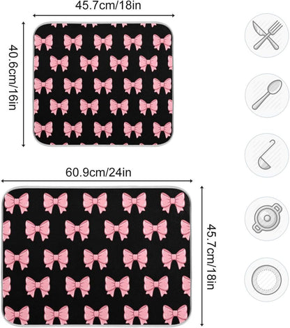 Pink Black Bows Dish Drying Mat for Kitchen Counter, Ultra Absorbent Dishes Drying Pad Heat-resistant Dish Mats 16x18in