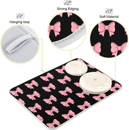 Pink Black Bows Dish Drying Mat for Kitchen Counter, Ultra Absorbent Dishes Drying Pad Heat-resistant Dish Mats 16x18in