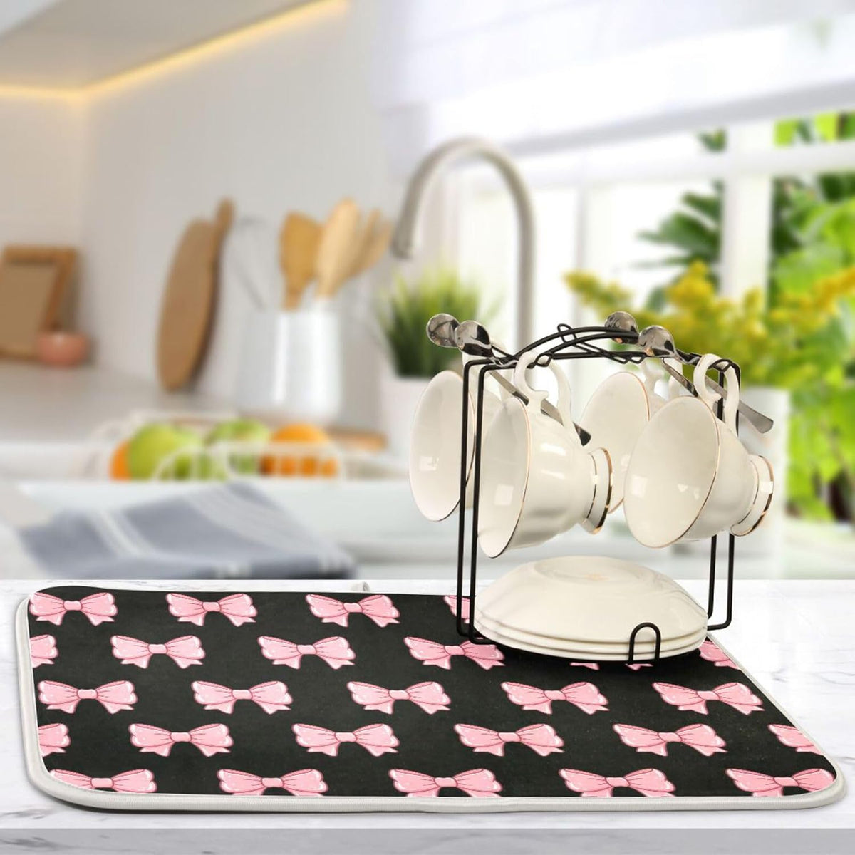 Pink Black Bows Dish Drying Mat for Kitchen Counter, Ultra Absorbent Dishes Drying Pad Heat-resistant Dish Mats 16x18in