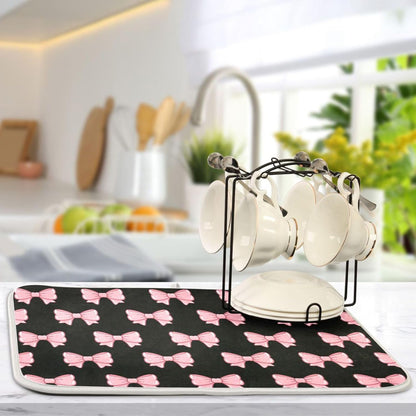 Pink Black Bows Dish Drying Mat for Kitchen Counter, Ultra Absorbent Dishes Drying Pad Heat-resistant Dish Mats 16x18in