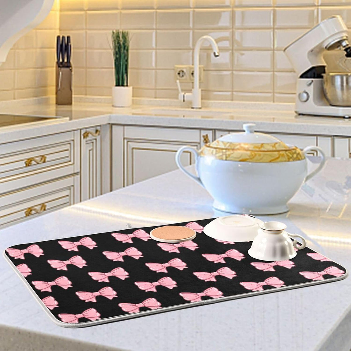 Pink Black Bows Dish Drying Mat for Kitchen Counter, Ultra Absorbent Dishes Drying Pad Heat-resistant Dish Mats 16x18in