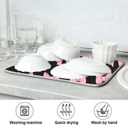 Pink Black Bows Dish Drying Mat for Kitchen Counter, Ultra Absorbent Dishes Drying Pad Heat-resistant Dish Mats 16x18in