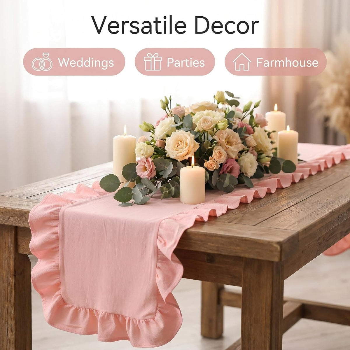 Ruffle Table Runner 118” Long, Soft Cotton Farmhouse Table Runner with Romantic Ruffled Edges, Wrinkle-Resistant Rustic Tablecloth for Wedding, Bridal Shower, Baby Shower & Spring Home Decor (Pink)