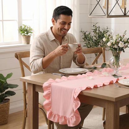 Ruffle Table Runner 118” Long, Soft Cotton Farmhouse Table Runner with Romantic Ruffled Edges, Wrinkle-Resistant Rustic Tablecloth for Wedding, Bridal Shower, Baby Shower & Spring Home Decor (Pink)