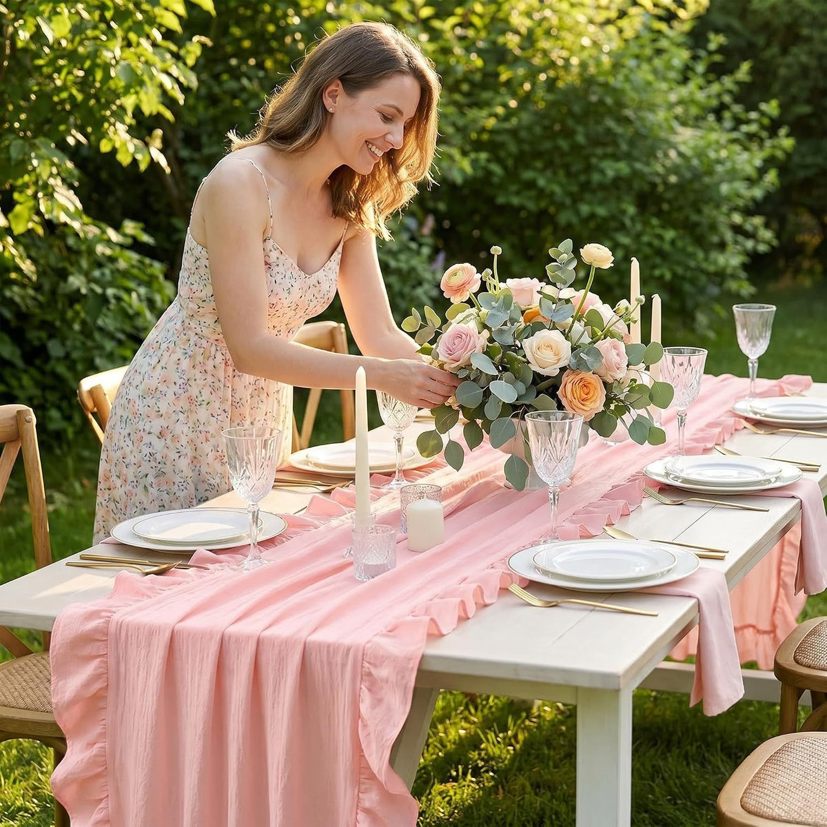 Ruffle Table Runner 118” Long, Soft Cotton Farmhouse Table Runner with Romantic Ruffled Edges, Wrinkle-Resistant Rustic Tablecloth for Wedding, Bridal Shower, Baby Shower & Spring Home Decor (Pink)