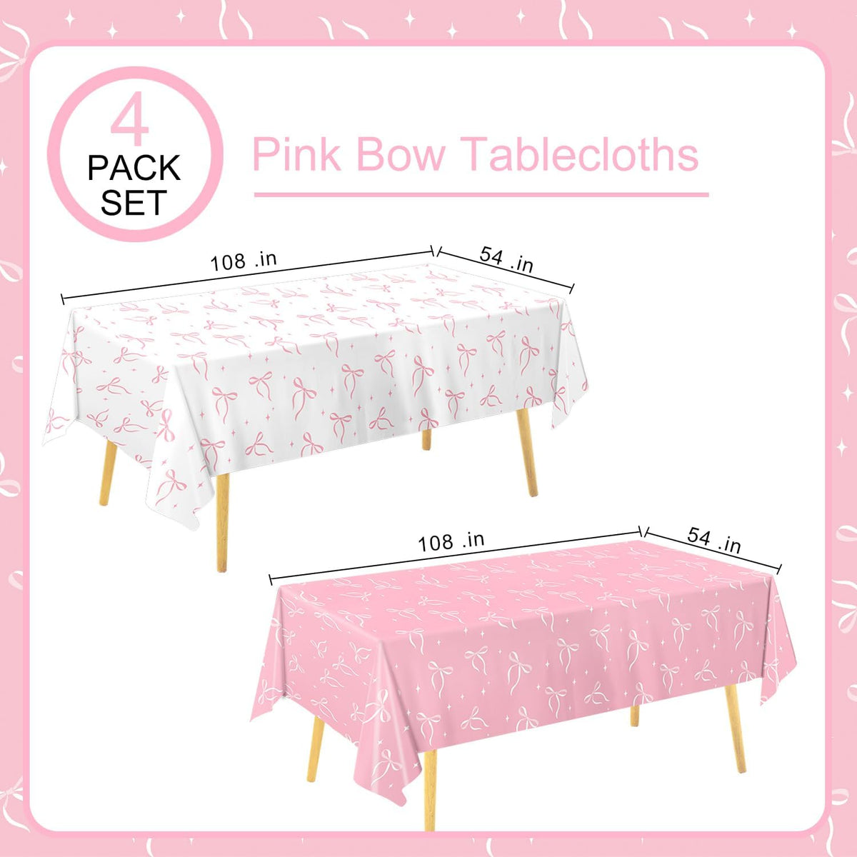 4 Pack Pink Bow Tablecloth, Coquette Birthday Decorations, Bow Disposable Table Cover for Wedding Engagement Bridal Birthday Decorations, 54 x 108 Inch